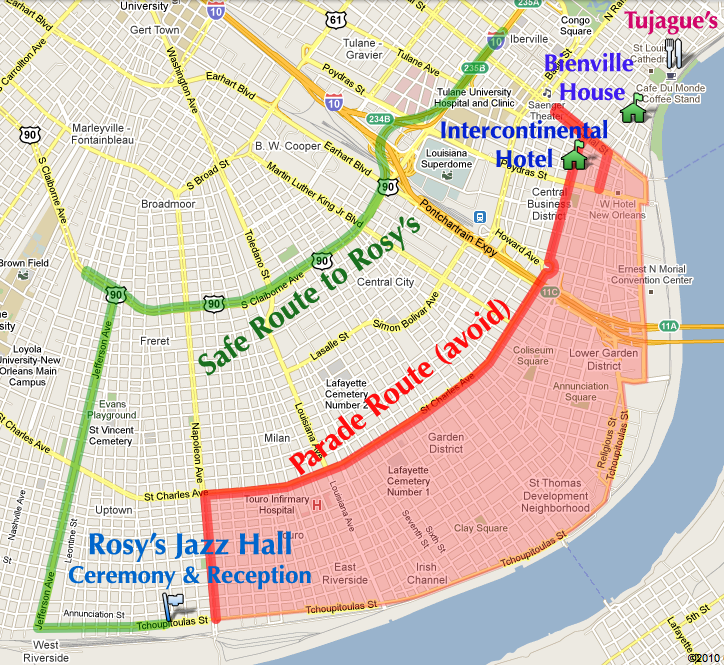 Map of New Orleans with relevant locations marked.